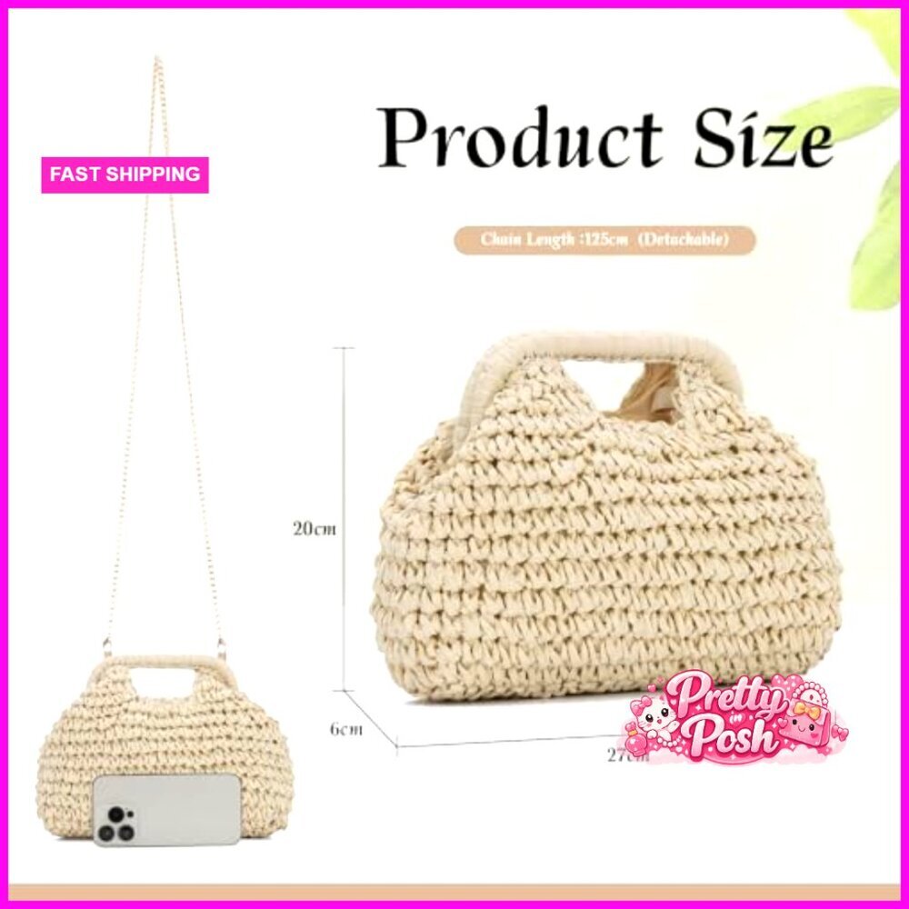 Paper Rope Straw Dumpling Clutch Purse with Detachable Crossbody Chain Strap - Picture 3 of 7